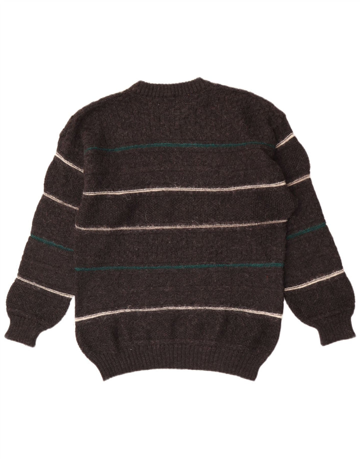 Vintage Herren-Pullover mit Rundhalsausschnitt, mittelgrau, gestreift, Wolle