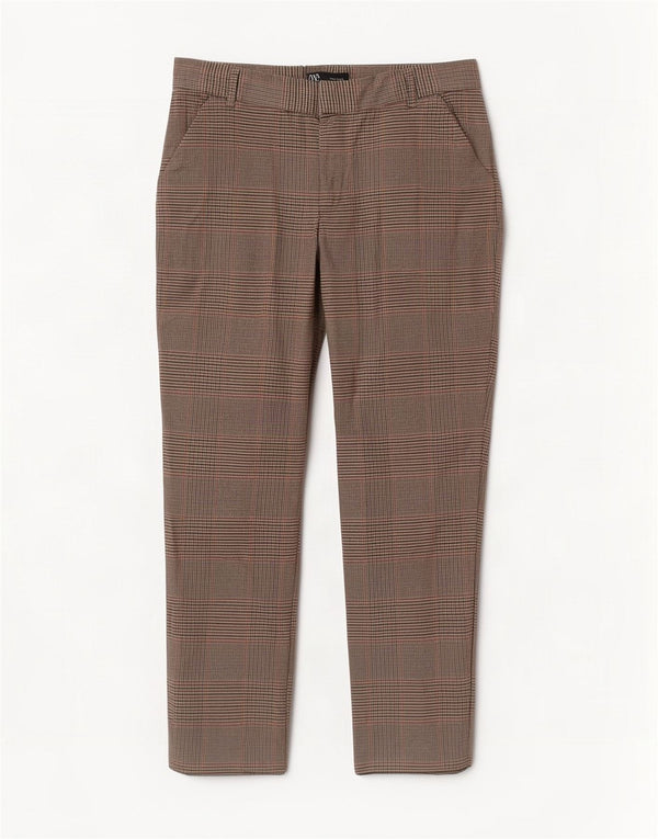 Gerade geschnittene Damenhose von Zara, Größe L, W30, L24, brauner Hahnentrittmuster