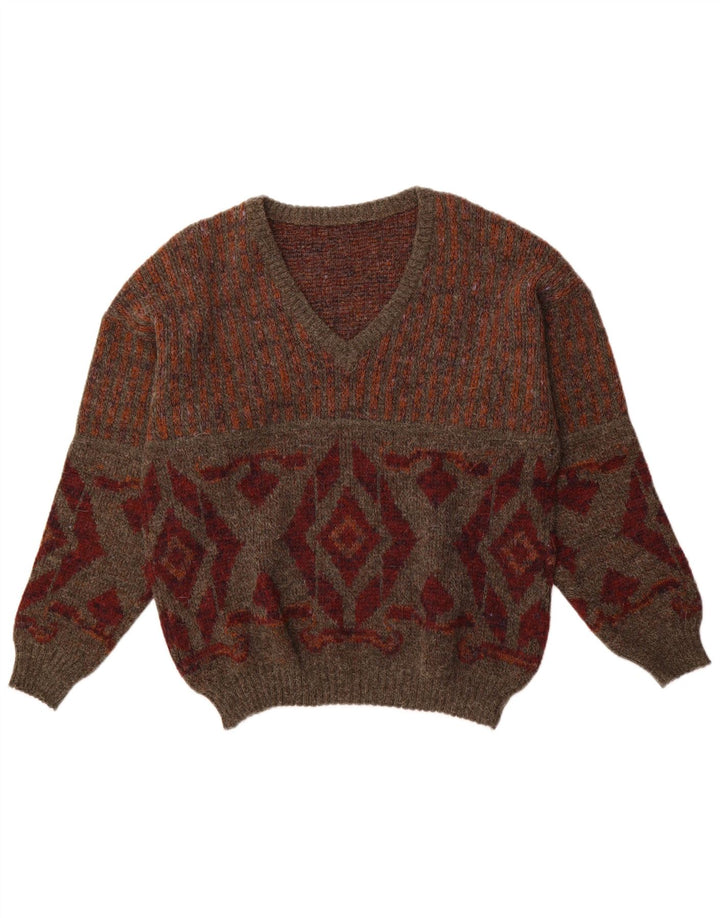 VINTAGE Herren Pullover mit V-Ausschnitt IT 48 Mittelbraun Argyle/Diamant