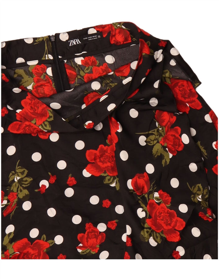 Asymmetrischer A-Linien-Rock von Zara, mittelgroß, W30, schwarz, geblümt, Polyester
