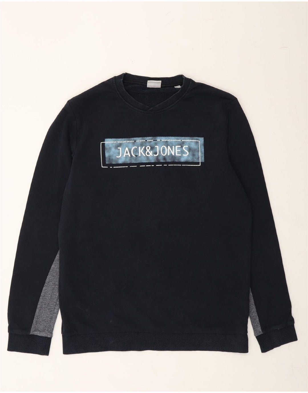 JACK & JONES Mens Graphic Sweatshirt Jumper Large Navy Blue Colourblock Vintage Jack & Jones and Second-Hand Jack & Jones from Messina Hembry 