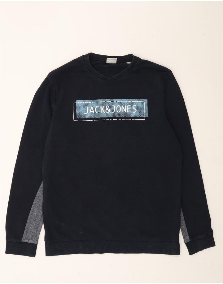 JACK & JONES Mens Graphic Sweatshirt Jumper Large Navy Blue Colourblock Vintage Jack & Jones and Second-Hand Jack & Jones from Messina Hembry 