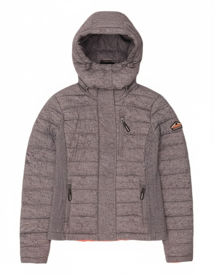 Superdry Wattierte Damenjacke mit Kapuze UK 8 XS Graues Colourblock-Polyester