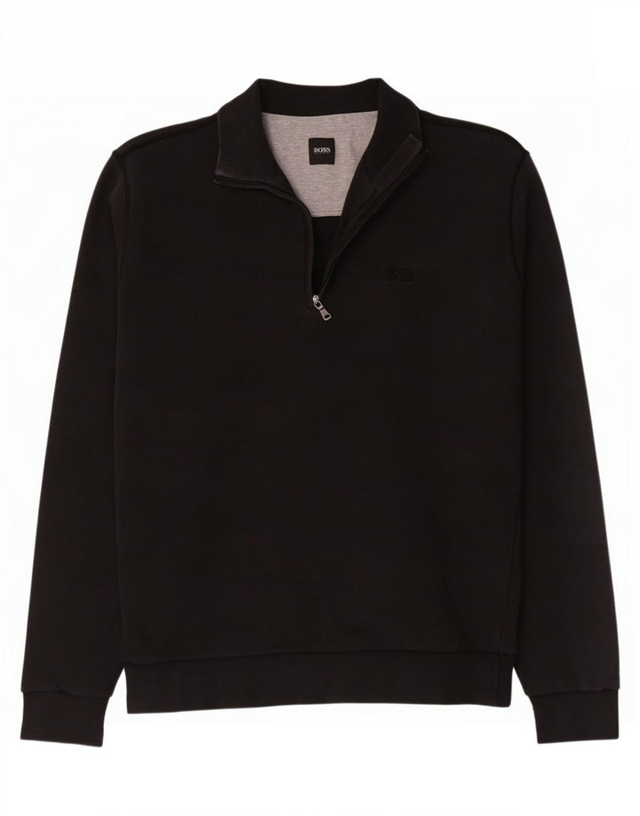 Hugo Boss Herren-Sweatshirt mit Reißverschluss am Hals, mittlere schwarze Baumwolle