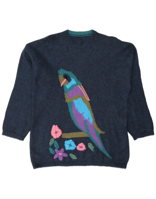 Vintage Damen Pullover mit grafischem Rundhalsausschnitt, Gr. 14, mittleres Marineblau