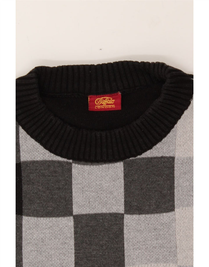 BUFFALO Womens Crop Crew Neck Jumper Sweater UK 12 Medium Black Geometric Vintage Buffalo and Second-Hand Buffalo from Messina Hembry 