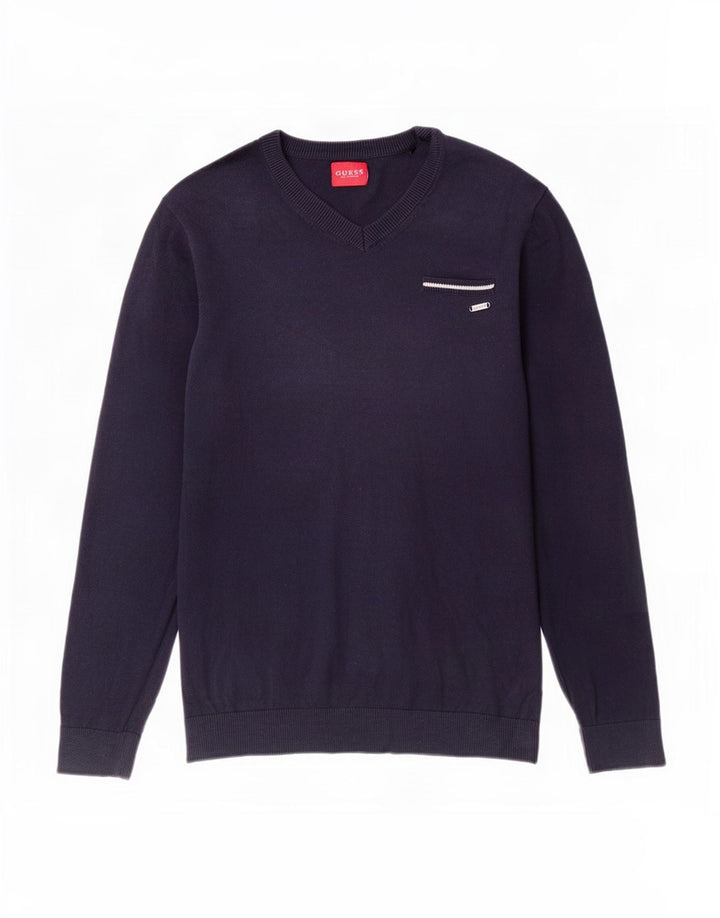 Guess Herren-Pullover mit V-Ausschnitt aus mittelblauer Baumwolle