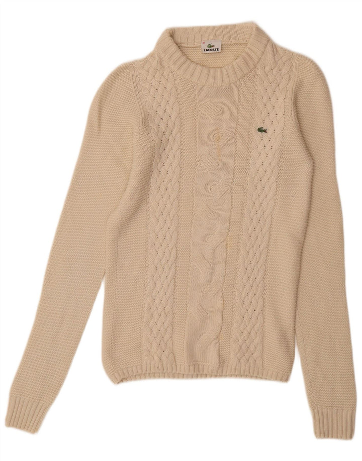 LACOSTE Damen-Pullover mit Rundhalsausschnitt, Größe 38, mittelbeige Wolle