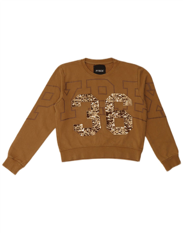 Pyrex Damen Grafik-Sweatshirt-Pullover UK 6 XS Braune Baumwolle