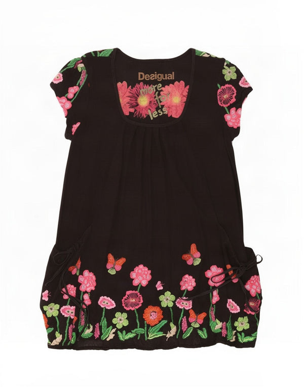 Desigual Damen Tunikakleid UK 10 Small Schwarz geblümte Viskose