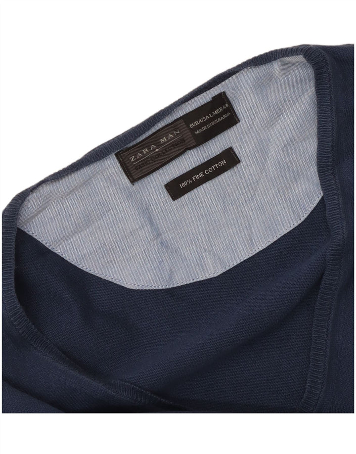 Zara Herren-Pullover mit V-Ausschnitt, groß, marineblaue Baumwolle