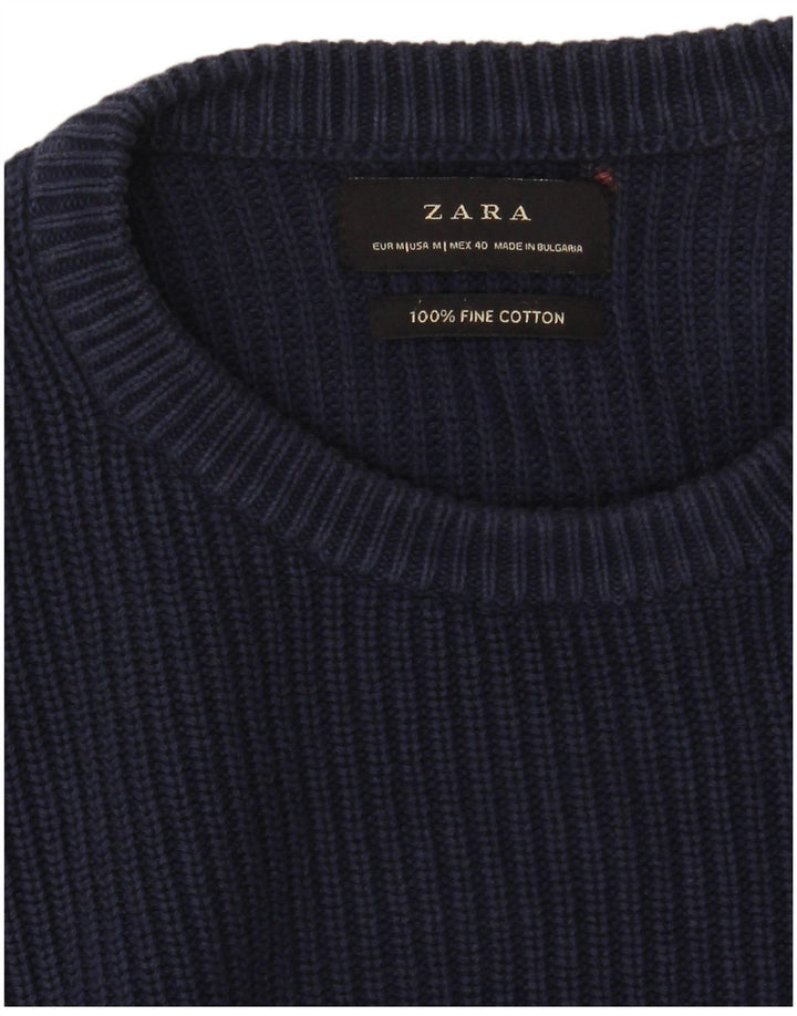 ZARA Herren-Pullover mit Rundhalsausschnitt, mittlere marineblaue Baumwolle