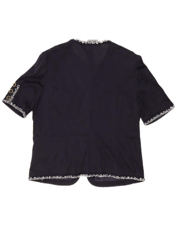 Luisa Spagnoli Damen Kurzarm-Cardigan-Oberteil IT 50 XL Marineblaue Baumwolle