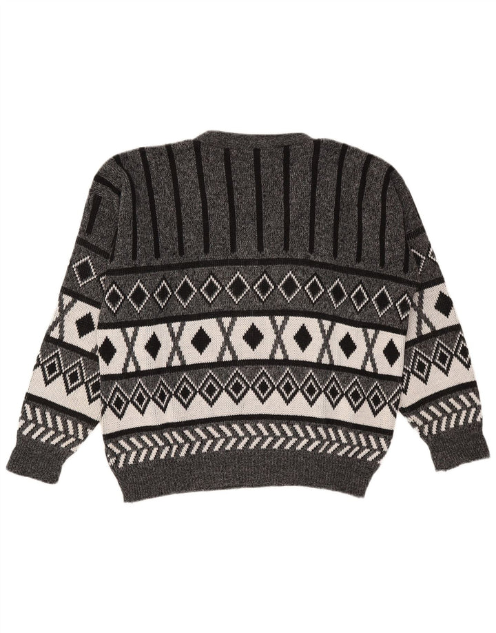 Vintage Herren Pullover mit V-Ausschnitt, groß, grau, Argyle/Diamant-Acryl