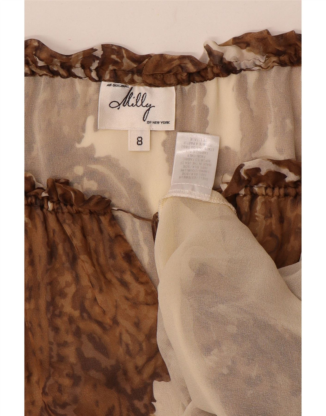 Milly Damen-Oberteil mit 3/4-Ärmeln, schulterfrei, US-Größe 8, mittelbraun, Paisley-Seide