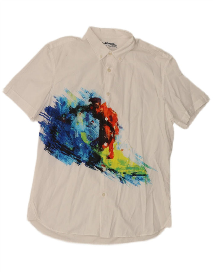 Desigual Herren-Kurzarmhemd mit abstraktem Muster, Größe L, Weiß