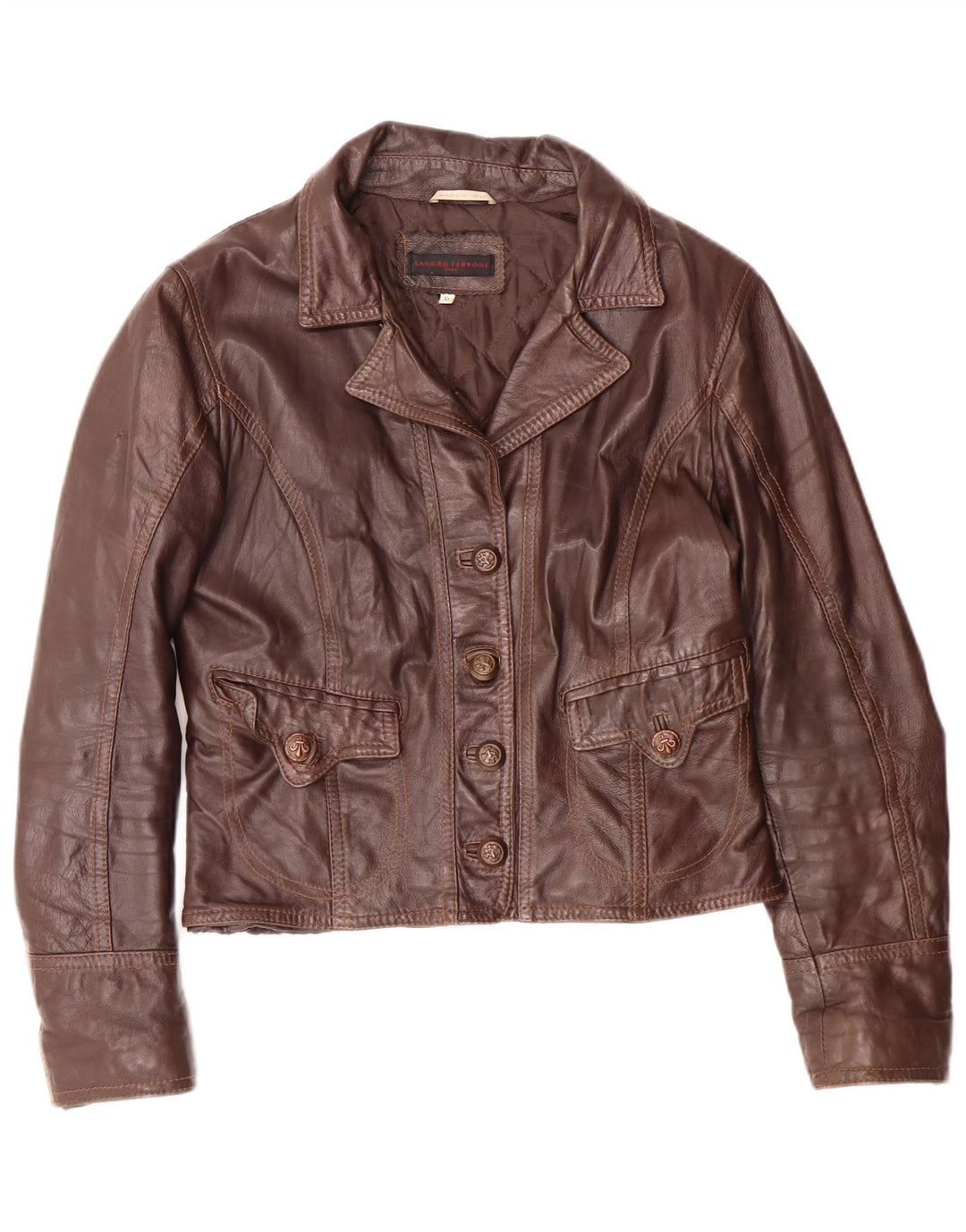 Sandro Ferrone Damen Crop Lederjacke UK 18 XL Braun