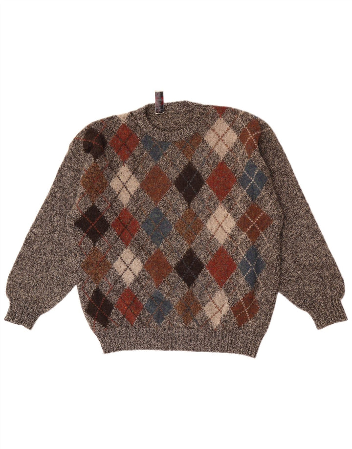 Donny & Max Herren-Pullover mit Rundhalsausschnitt, groß, graue Argyle-/Diamantwolle