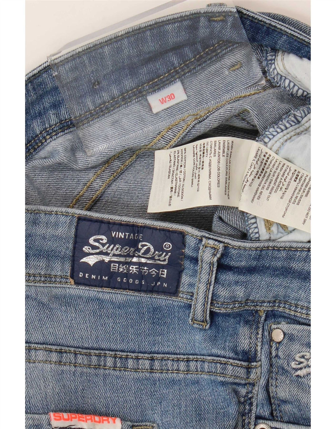 Superdry Distressed Denim Shorts W30 Mittelblaue Baumwolle für Damen