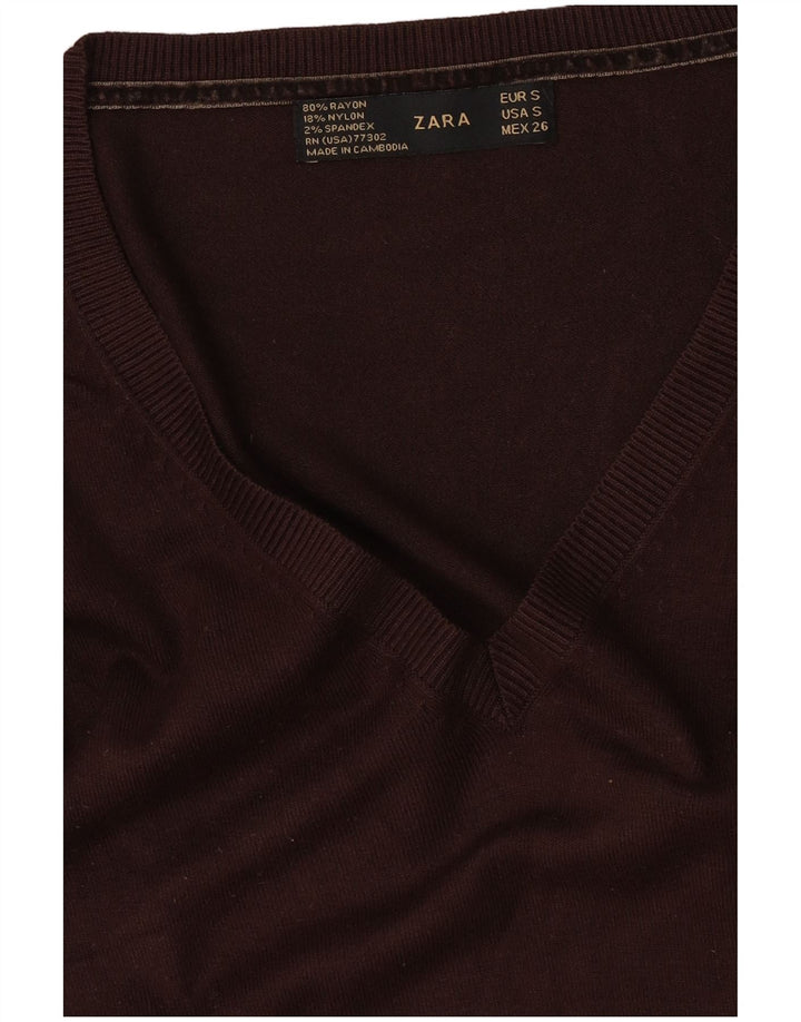 Zara Damen-Pullover mit V-Ausschnitt, UK 10, Größe S, braun, Viskose