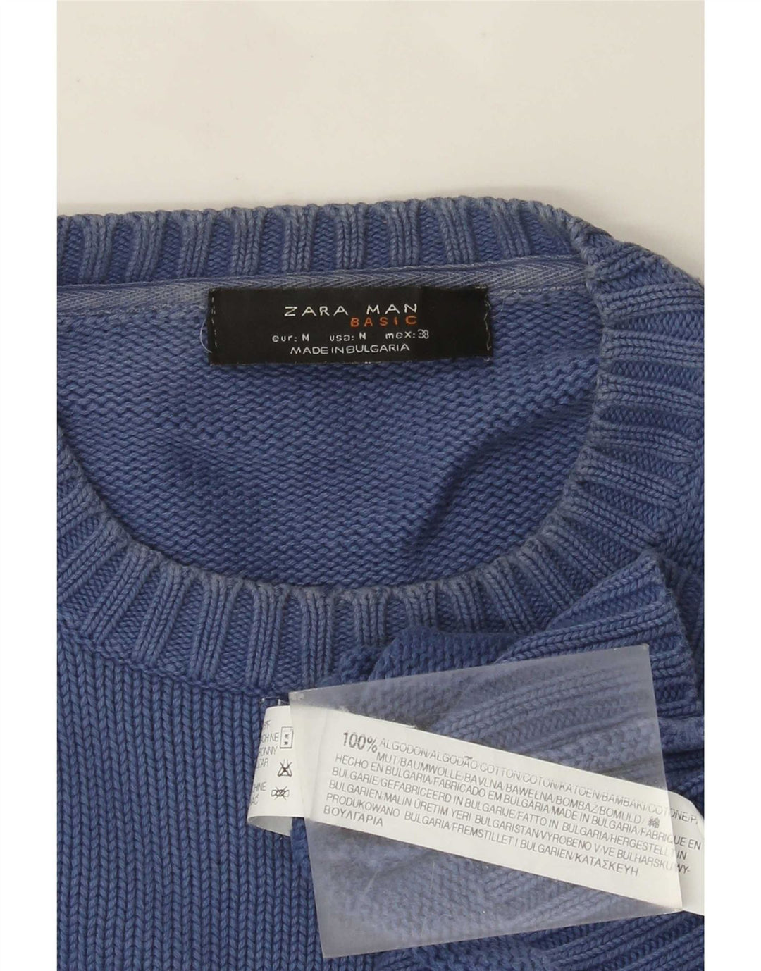 Zara Herren-Pullover mit Rundhalsausschnitt, mittelblaue Baumwolle