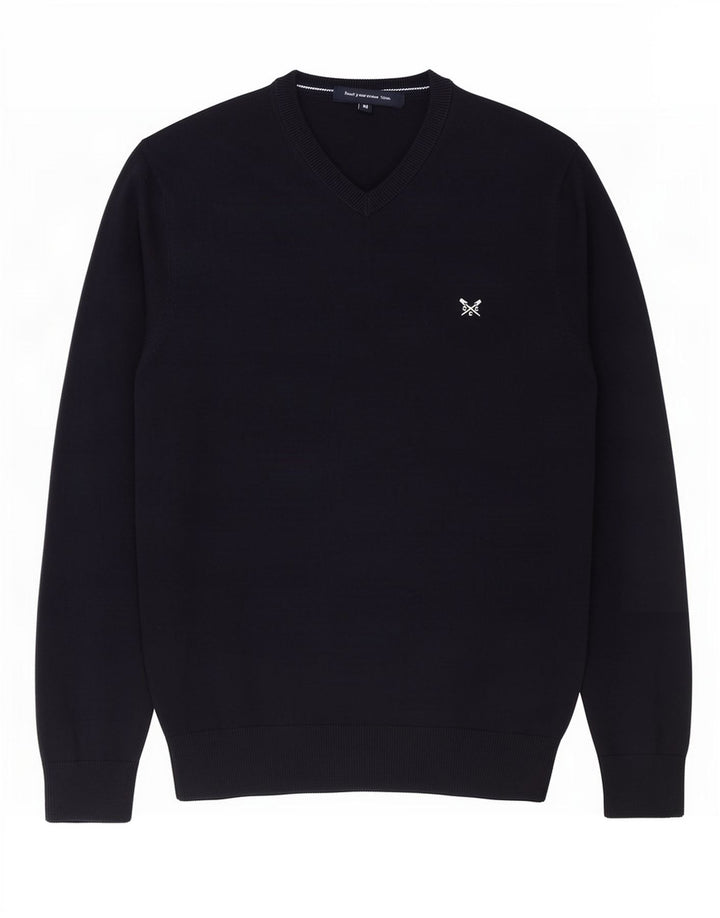 Crew Clothing Herren-Pullover mit V-Ausschnitt aus mittelblauer Baumwolle