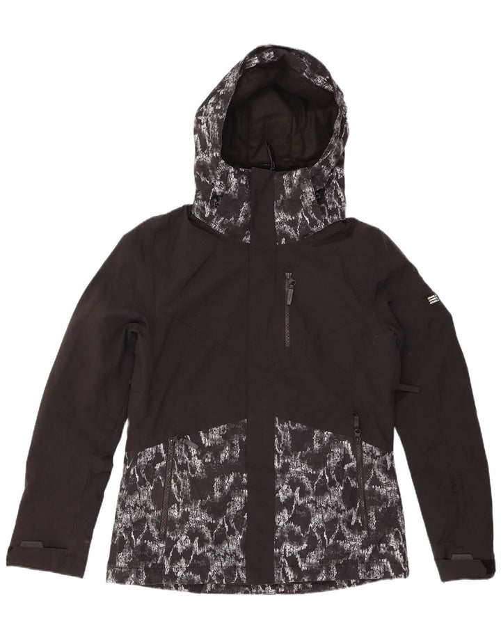 O'NEILL Womens Abstract Pattern Hooded Rain Jacket UK 14 Medium Schwarz