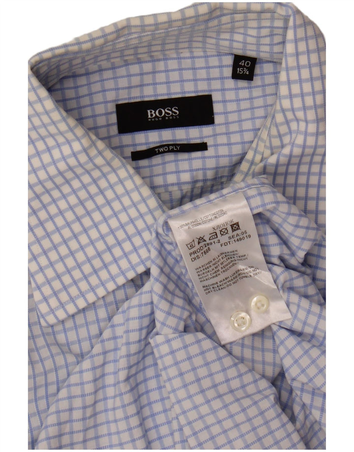 Hugo Boss Herrenhemd Größe 40 15 3/4 mittelblaue Gingham-Baumwolle