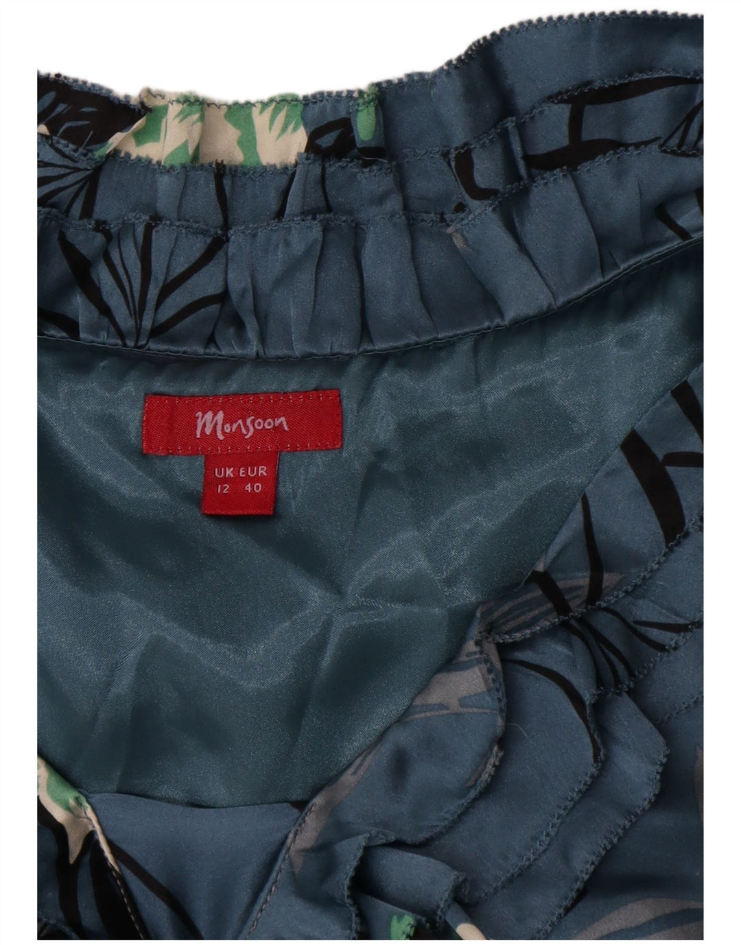 Monsoon Damen-A-Linien-Kleid mit Rüschen vorne, UK-Größe 12, mittelblaue Blumenseide