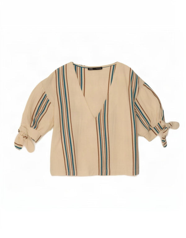 Zara Damen Crop Bluse Top UK 10 Small weiß gestreift Baumwolle