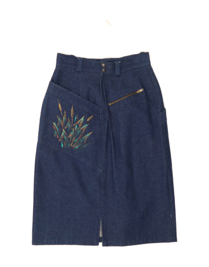 VINTAGE Womens Graphic Denim Skirt W26 Small Navy Blue Vintage Vintage and Second-Hand Vintage from Messina Hembry 