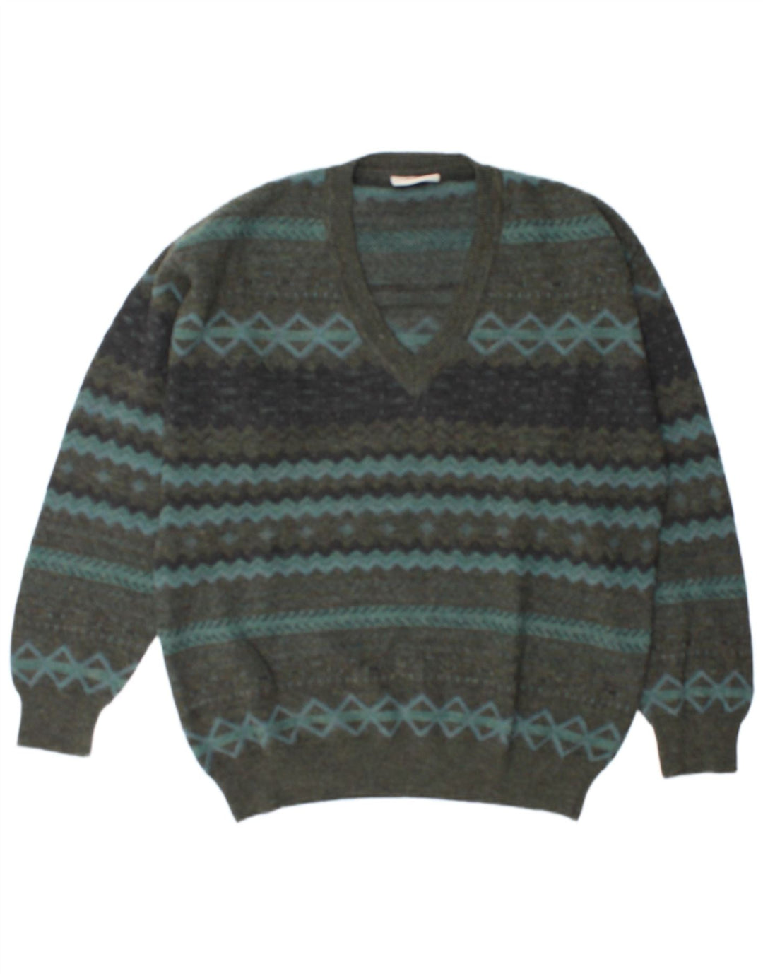 Rodes Herren-Pullover mit V-Ausschnitt, XL, grüne, geometrische Wolle
