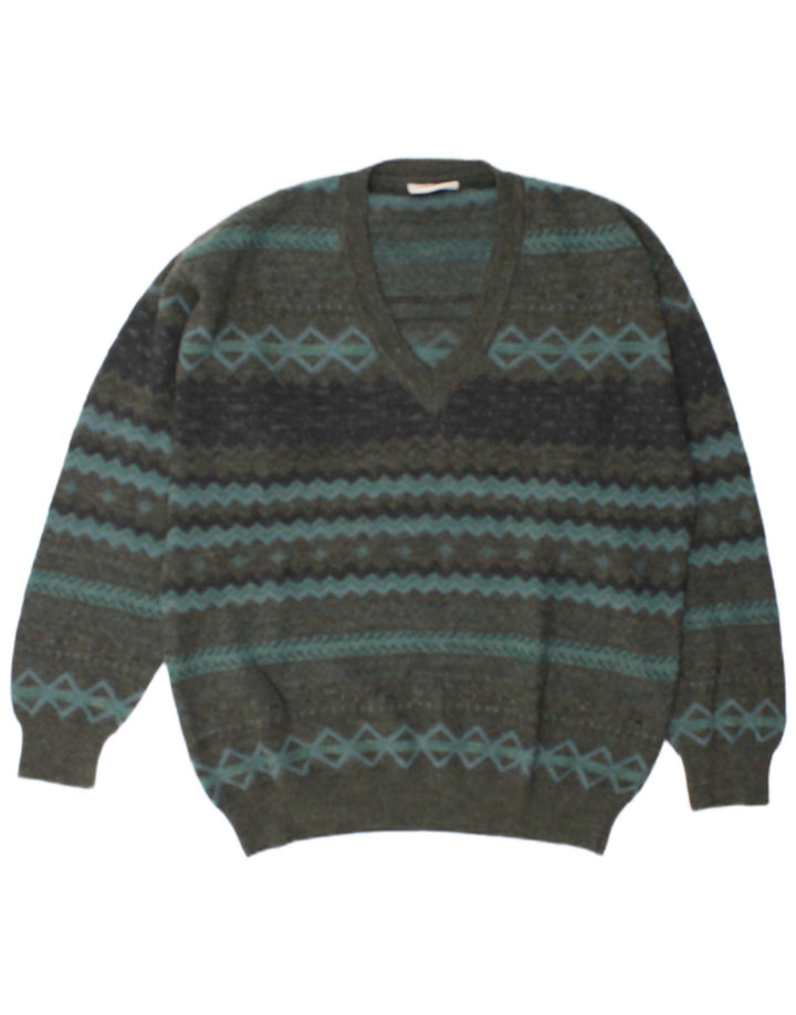 Rodes Herren-Pullover mit V-Ausschnitt, XL, grüne, geometrische Wolle