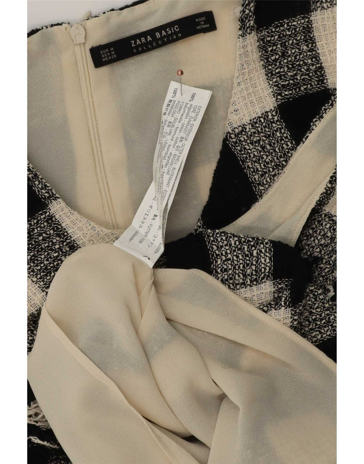 Zara Damen-Blusenoberteil UK 12 Mittelschwarz karierte Baumwolle