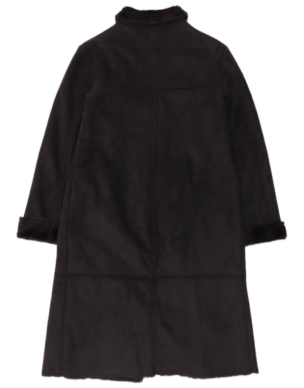 Vintage Damen Sherpa Overcoat UK 12 Medium Schwarz Polyester