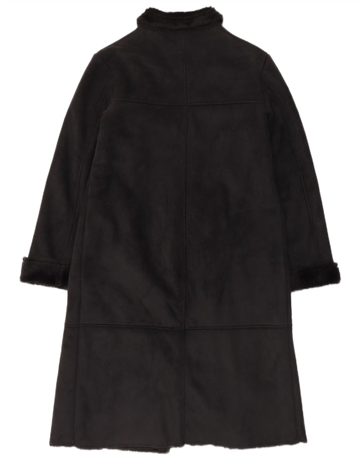 Vintage Damen Sherpa Overcoat UK 12 Medium Schwarz Polyester