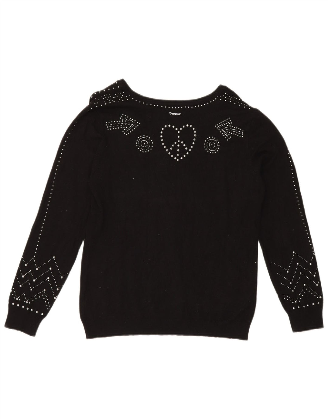 DESIGUAL Damen-Pullover mit grafischem V-Ausschnitt, UK 16, Größe L, Schwarz, Synthetik