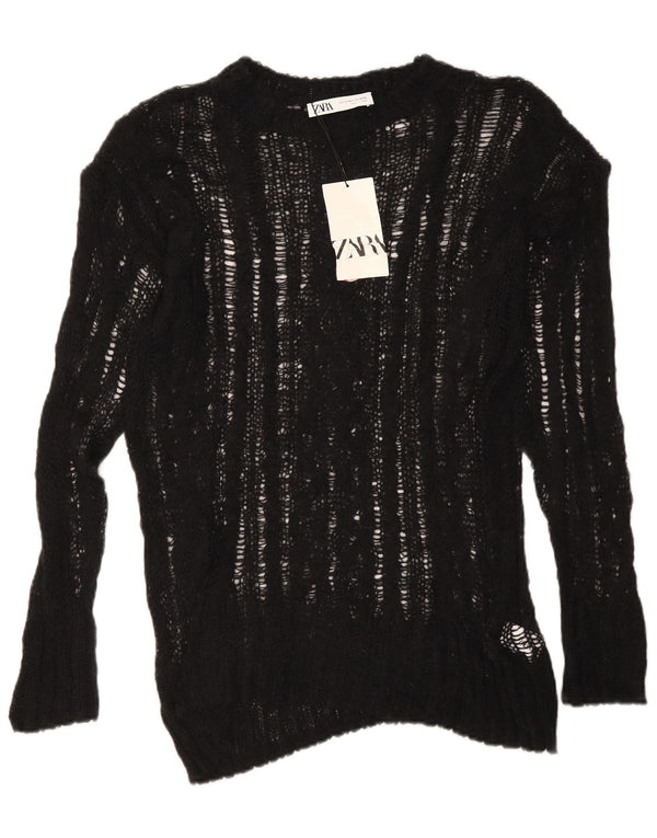 Zara Damen-Pullover, durchsichtig, übergroß, Rundhalsausschnitt, Gr. 6, XS, Schwarz