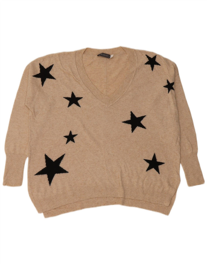 MINT VELVET Damen-Pullover mit abstraktem Muster und V-Ausschnitt, Gr. 10, Größe S, Beige