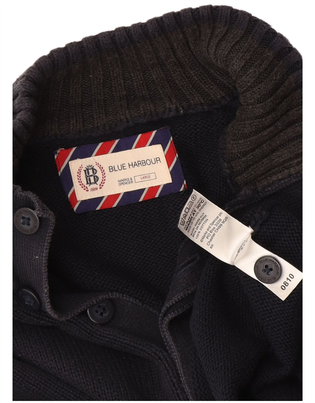 Marks & Spencer Herren Blauer Harbour-Pullover mit Knopfkragen, Größe L, Marineblau