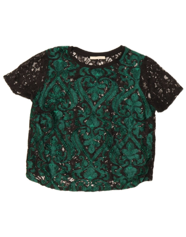 Zara Damen Crop Bluse Top UK 14 Mittelgrün Paisley