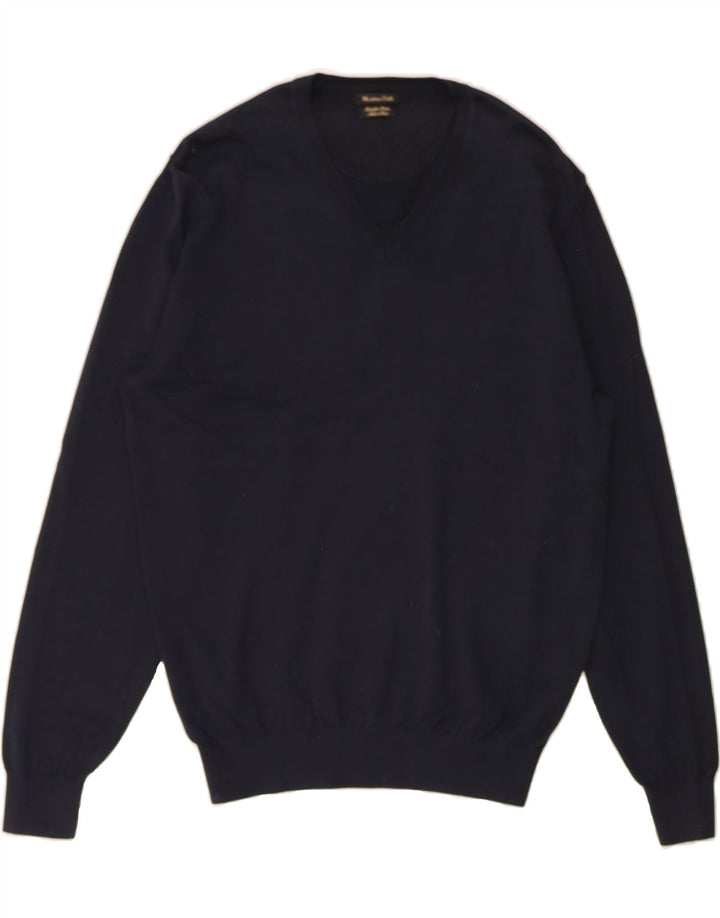 MASSIMO DUTTI Mens V-Neck Jumper Sweater Large Navy Blue Cotton Vintage Massimo Dutti and Second-Hand Massimo Dutti from Messina Hembry 