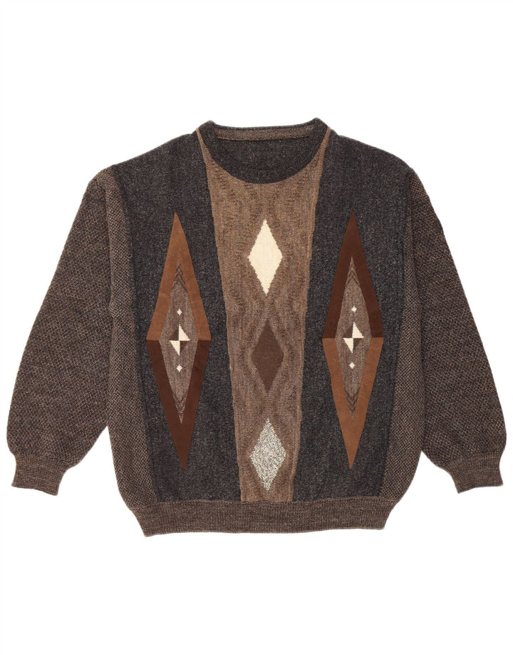 VINTAGE Herren Pullover mit Rundhalsausschnitt IT 50 Große braune geometrische Wolle
