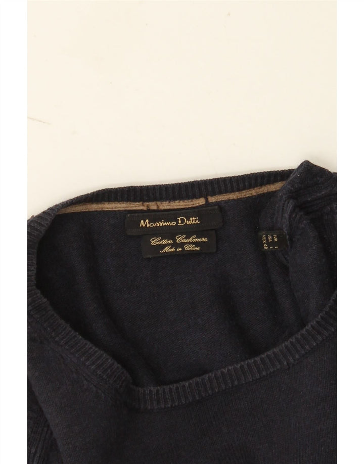 Massimo Dutti Herren-Pullover mit Rundhalsausschnitt, groß, marineblaue Baumwolle