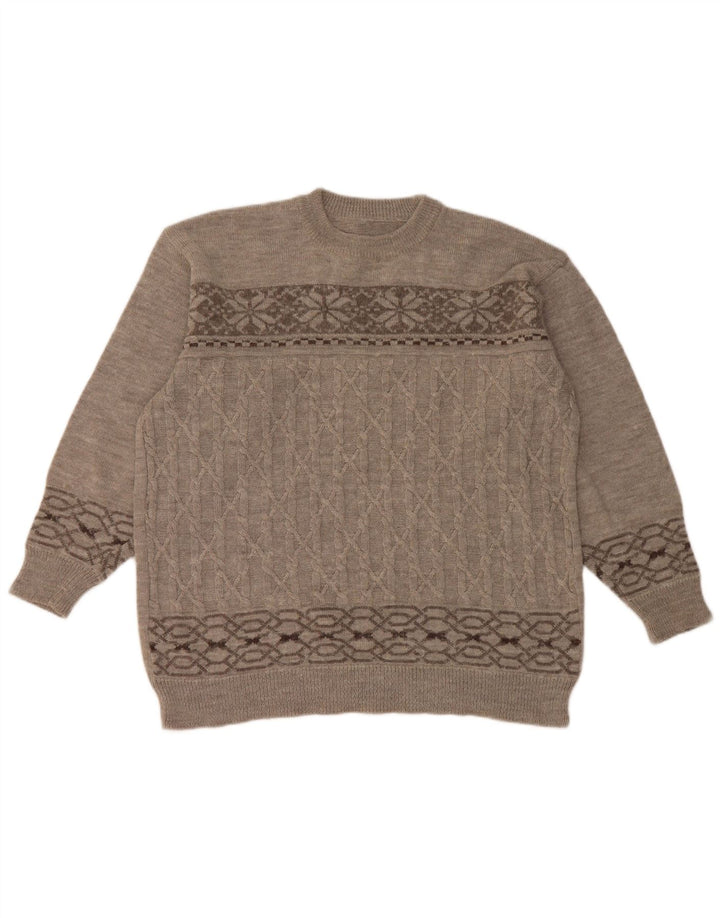 Vintage Herren Pullover mit Rundhalsausschnitt, groß, Grau, Fair Isle