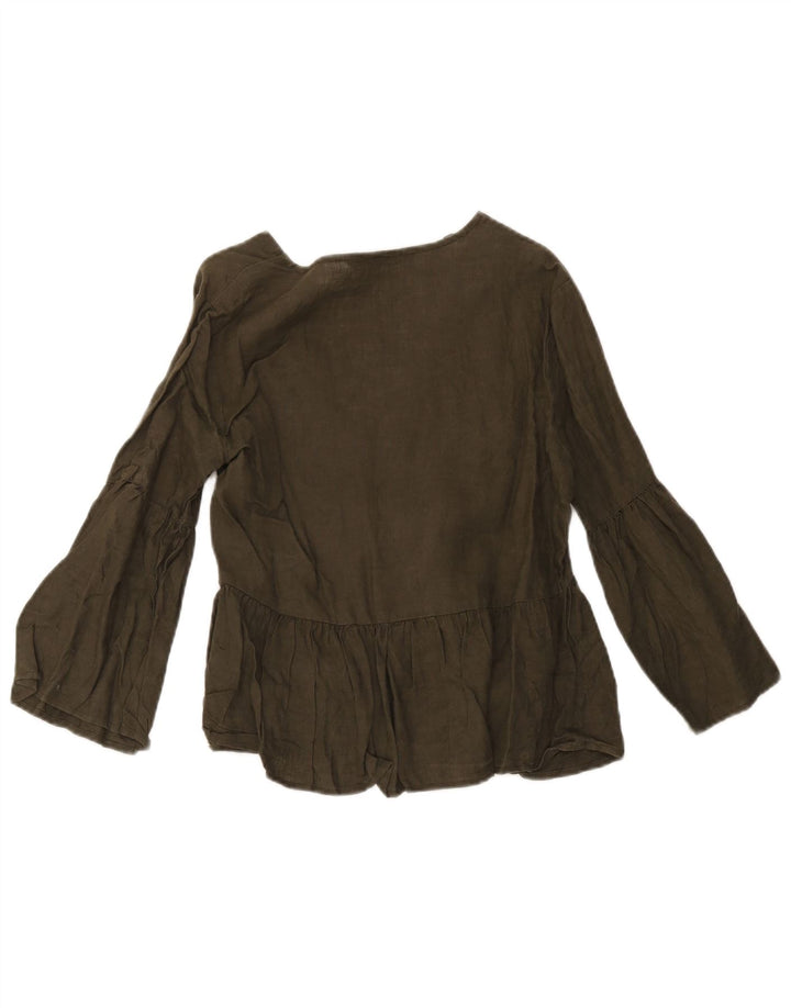 Zara Damen-Hemdbluse, Gr. 10, klein, grünes Leinen