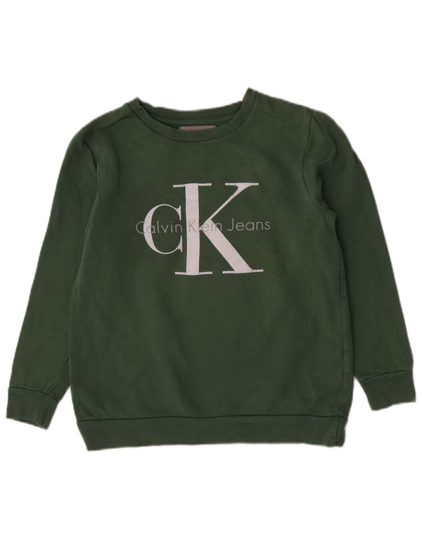 Calvin Klein Jeans Damen Grafik-Sweatshirt-Pullover UK 6 XS Grüne Baumwolle