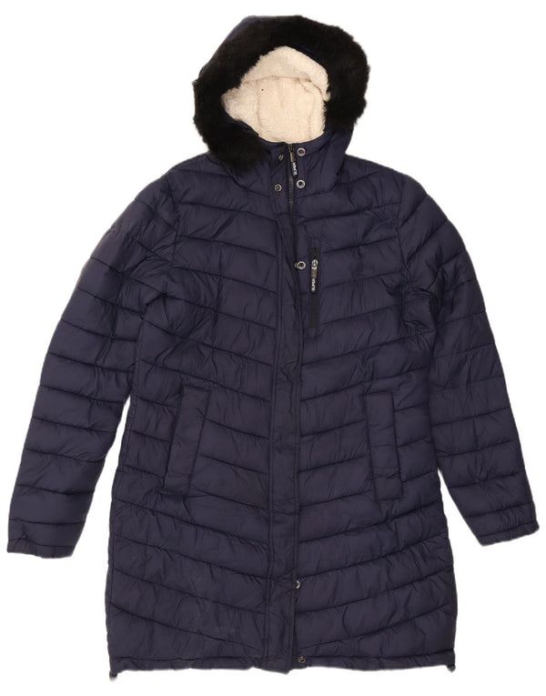 Superdry Wattierter Mantel mit Kapuze für Damen, UK 16, Größe L, marineblaues Nylon