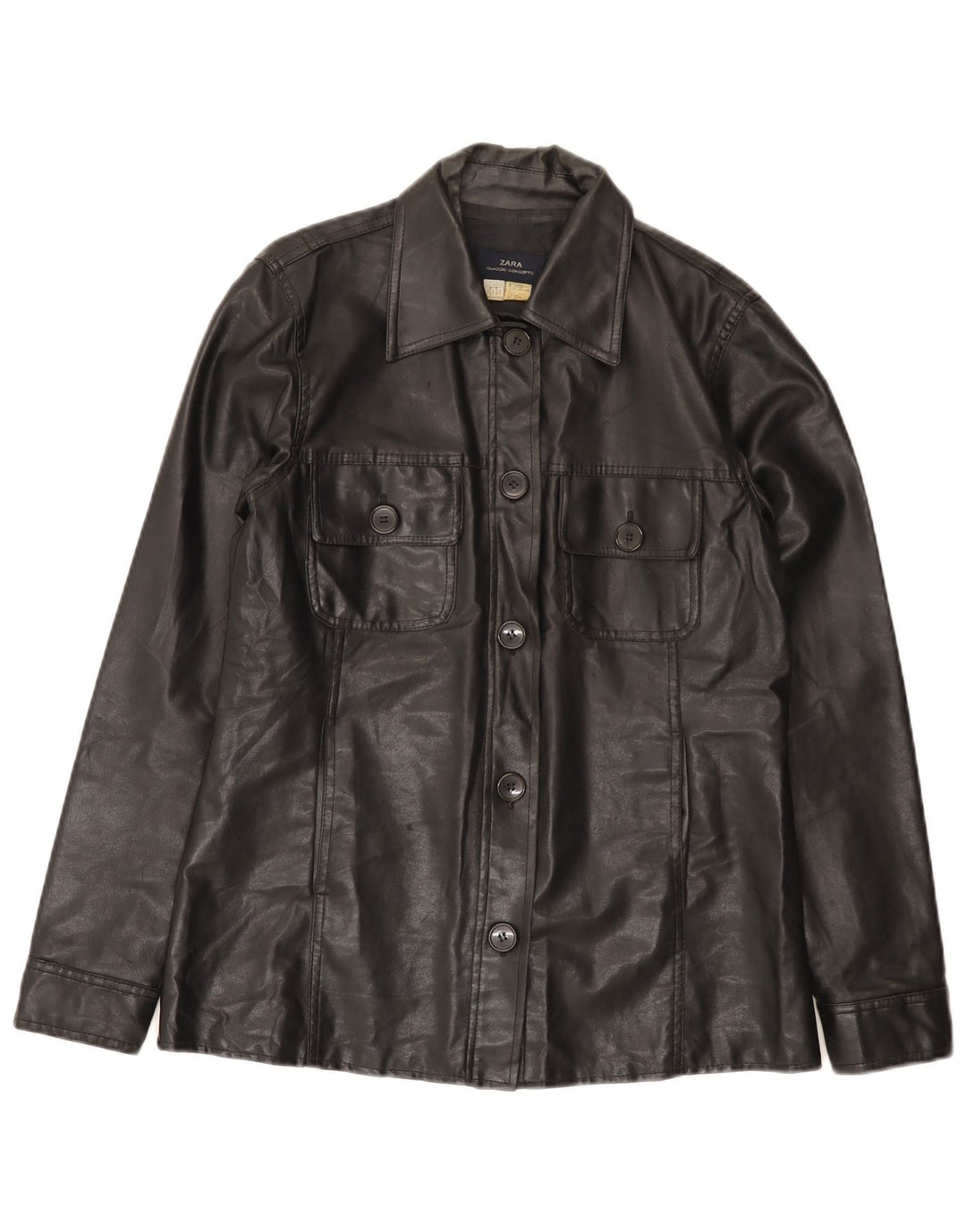 Zara Damen-Utility-Jacke aus Kunstleder, EU 38, klein, schwarze Baumwolle