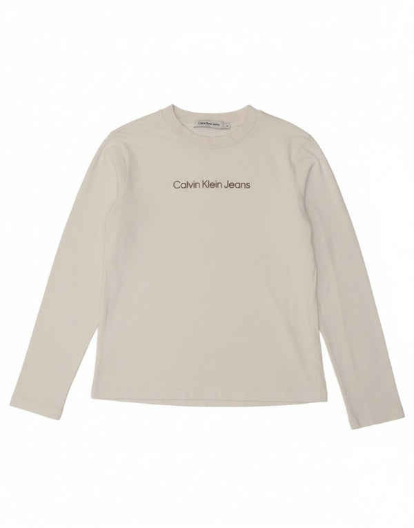 Calvin Klein Jeans Damen Crop Graphic Top Langarm UK 6 XS Weiße Baumwolle